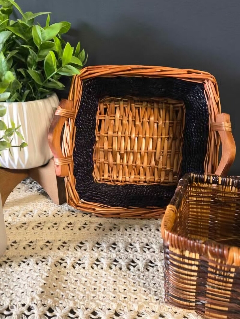 Vintage Small Handwoven Wicker Basket Lot of 2 | Rustic Farmhouse Storage